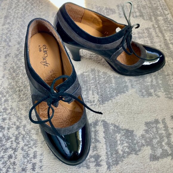 EuroSoft Black Patent Leather and Suede Mary Jane Heels - Picture 6 of 10